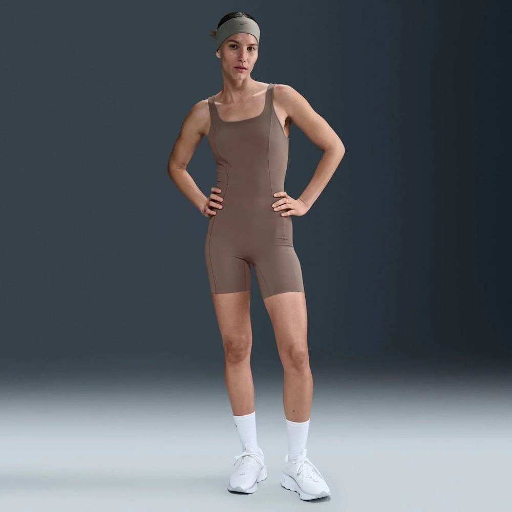 Nike Zenvy Dri-FIT Short Bodysuit Womens Large Taupe Brown FN3031 233